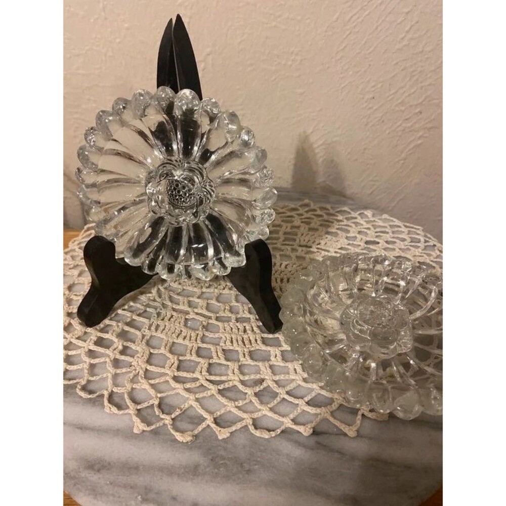 Vintage 1960s Hazel-Atlas Clear Glass Daisy / Sunflower Candle Holders - Set of